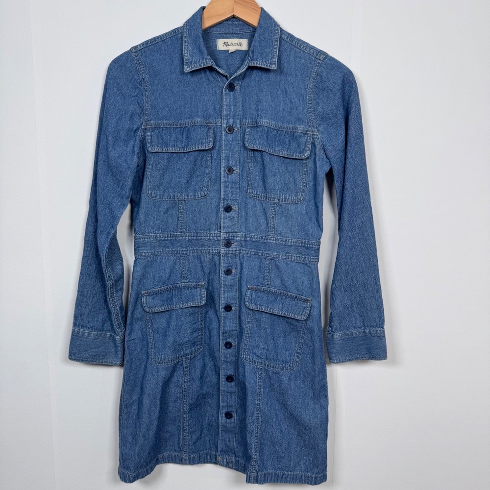 Madewell Women 0 Denim Button Mini Shirt Dress Utility Western Cowgirl Indie
